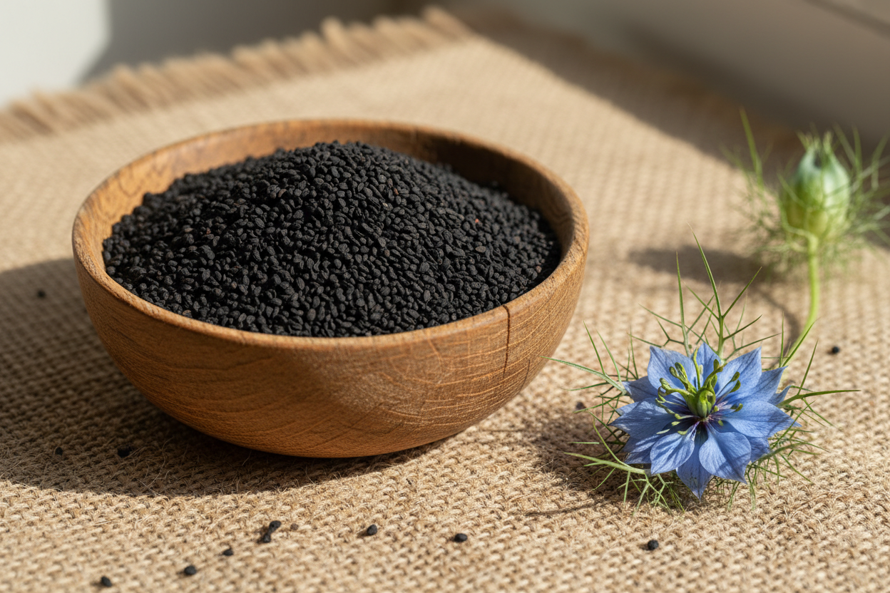 wooden bowl of nigella seeds and a nigella flower next to it